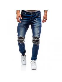 New style men's Elastic Knee hole pants cotton jeans