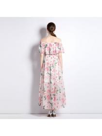European style Spring Off shoulder Fashion Chiffon Floral Dress