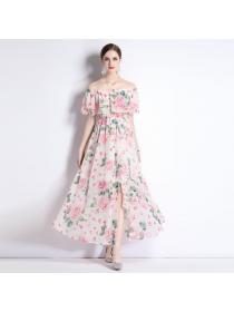 European style Spring Off shoulder Fashion Chiffon Floral Dress