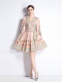 Vintage style Spring V neck Fashion print Dress