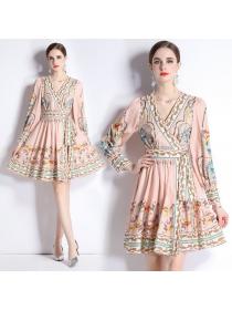 Vintage style Spring V neck Fashion print Dress