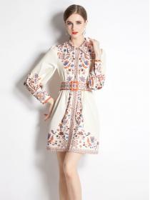 Vintage style Spring Shirt collar Fashion print Dress