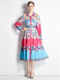 Vintage style Spring Polo collar Fashion print Dress (with belt)