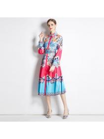 Vintage style Spring Polo collar Fashion print Dress (with belt)