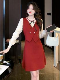 Fashion style Round collar Solid color long Knit dress