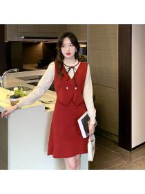 Fashion style Round collar Solid color long Knit dress 