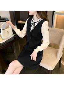 Fashion style Round collar Solid color long Knit dress 