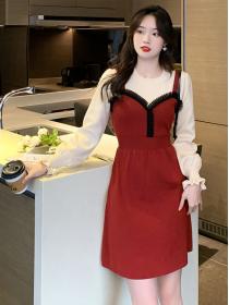 Korean style Round collar A-line long Knit dress