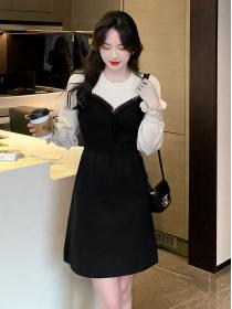 Korean style Round collar A-line long Knit dress 
