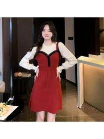 Korean style Round collar A-line long Knit dress 