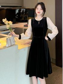 Korean style Round collar A-line long Vevelet dress