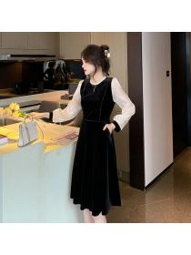 Korean style Round collar A-line long Vevelet dress 
