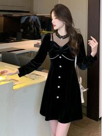 Winter luxury temperament gauze splicing velvet black dress