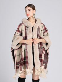 European style Winter Fashion Plaid Shawl thick Big fur collar Long wool coat