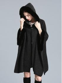 European style Winter Fashion Solid Shawl thick fur collar Long wool coat