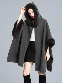 European style Winter Fashion Solid Shawl thick fur collar Long wool coat