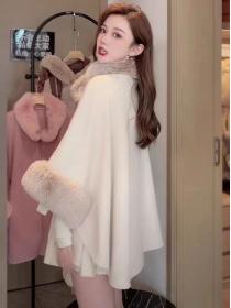 European style Winter Fashion Solid Shawl thick fur collar Warm wool coat