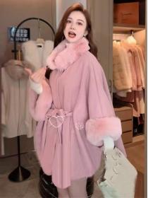 European style Winter Fashion Solid Shawl thick fur collar Warm wool coat