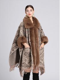 European style Fur collar Shawl Loose Tassel warm Wool coat