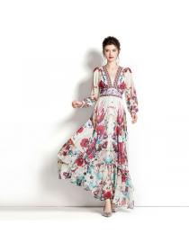 European style V neck Lantern sleeve Fashion print Maxi Dress