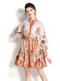 Vintage style Stand collar Flare sleeve Fashion print Long-sleeved Dress