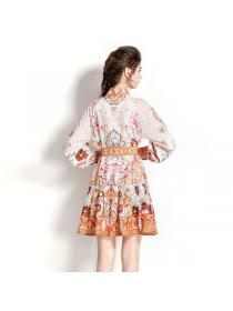 Vintage style Stand collar Flare sleeve Fashion print Long-sleeved Dress