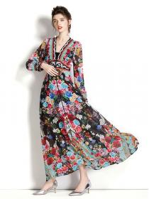 Fashion Vintage style V collar Elegant Floral Maxi dress