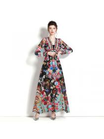 Fashion Vintage style V collar Elegant Floral Maxi dress