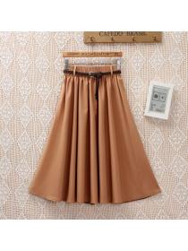 Summer style A-line skirt Solid color Long skirt (with belt)