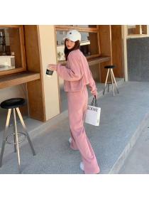 Pink sports suit women's autumn wide-leg pants two-piece set