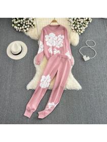 Vintage style temperament loose long-sleeved crewneck knitted top+high waist corset trousers two-piece set 