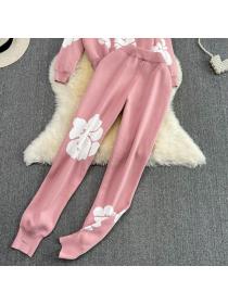 Vintage style temperament loose long-sleeved crewneck knitted top+high waist corset trousers two-piece set 