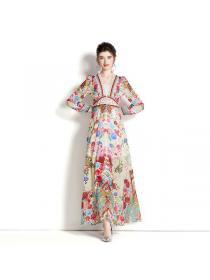 Spring/summer vintage style deep V-neck lantern sleeve printed long dress