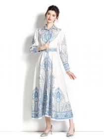 Vintage style Elegant Shirt sleeve Large swing Maxi dress