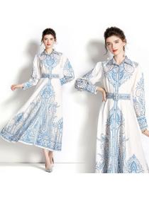 Vintage style Elegant Shirt sleeve Large swing Maxi dress