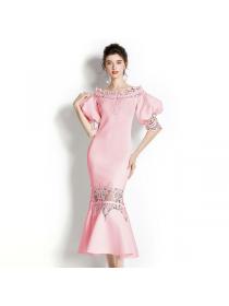 Winter retro water-soluble lace puff sleeve elastic fishtail dress 