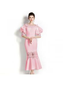 Winter retro water-soluble lace puff sleeve elastic fishtail dress 