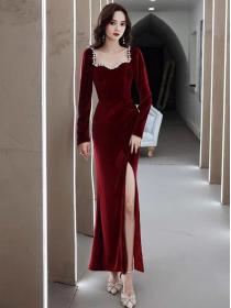 Velvet fishtail dress bride wine red winter long-sleeved wedding evening dress 
