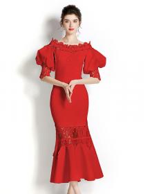 Fashion retro lace puff sleeve elastic fishtail dress