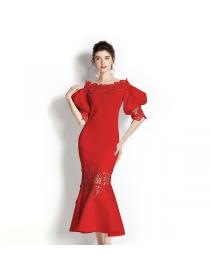 Fashion retro lace puff sleeve elastic fishtail dress 