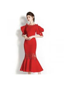 Fashion retro lace puff sleeve elastic fishtail dress 