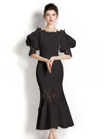 European retro lace puff sleeve elastic fishtail dress