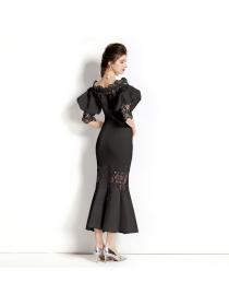 European retro lace puff sleeve elastic fishtail dress 