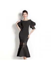 European retro lace puff sleeve elastic fishtail dress 