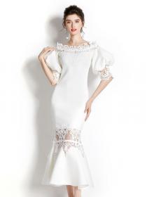 European style retro lace puff sleeve elastic fishtail dress