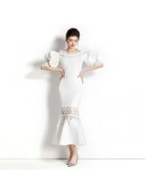 European style retro lace puff sleeve elastic fishtail dress 