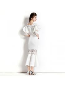 European style retro lace puff sleeve elastic fishtail dress 