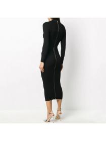 Temperament V-neck knitted long black high-waisted wool slim dress