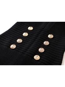 Temperament V-neck knitted long black high-waisted wool slim dress