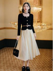 Vintage style Velvet top+Mesh Skirt Two piece set